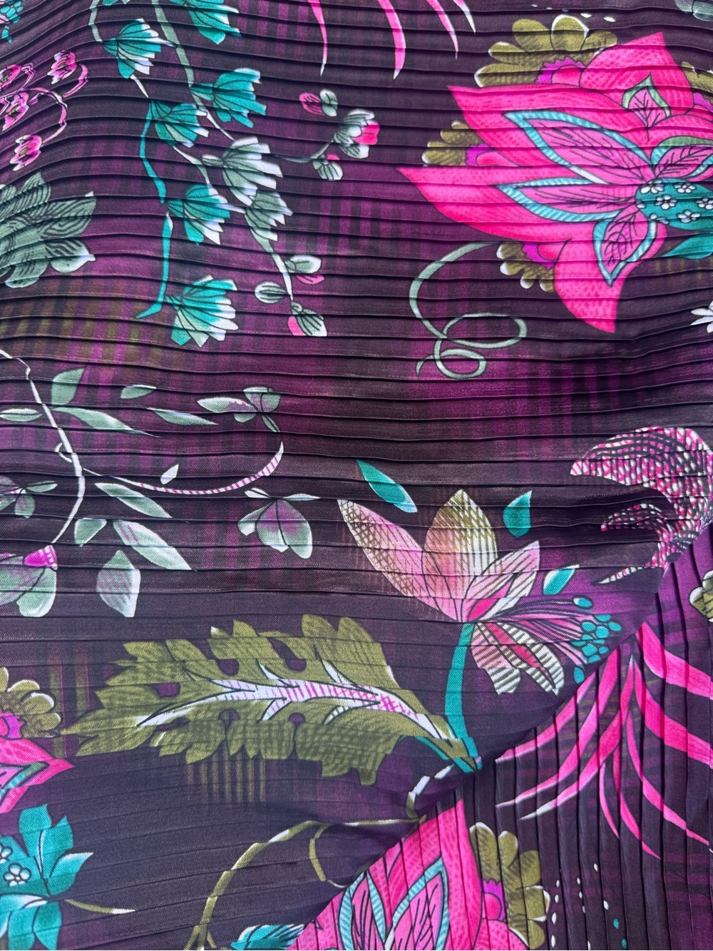Floral Pleated vintage fabric Plum purple with hot Pink & Teal Accents NEW